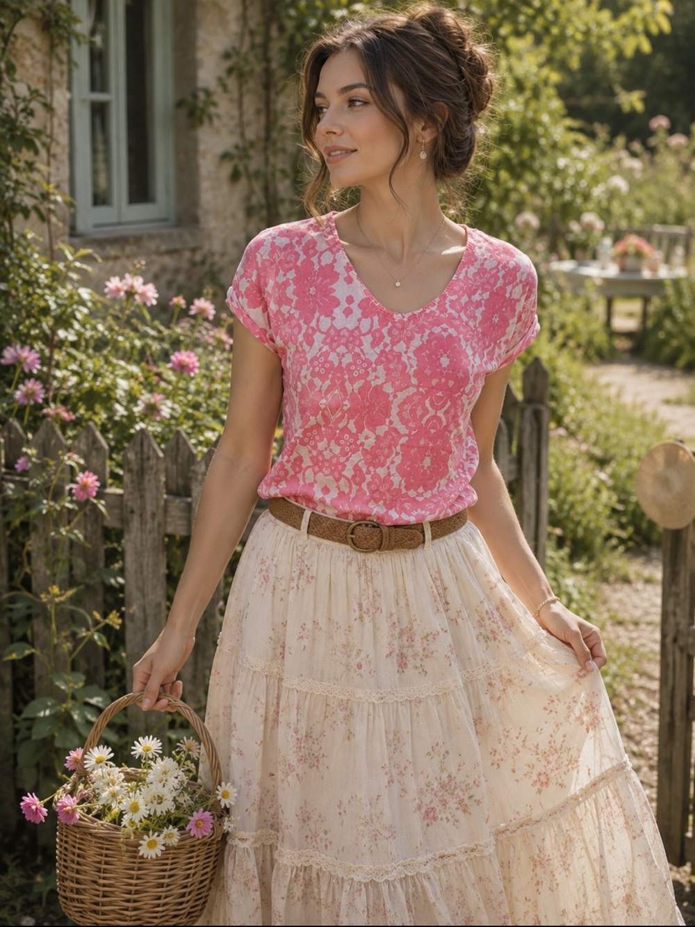 H&M pretty pink/beige faux lace print top